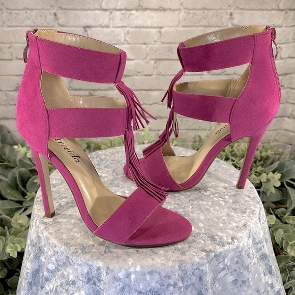 Atrevida Fuchsia 3-Band Open Toe Cut-Out Deco Fringe Stilettos WMS 7M💖NWOT - Picture 3 of 11